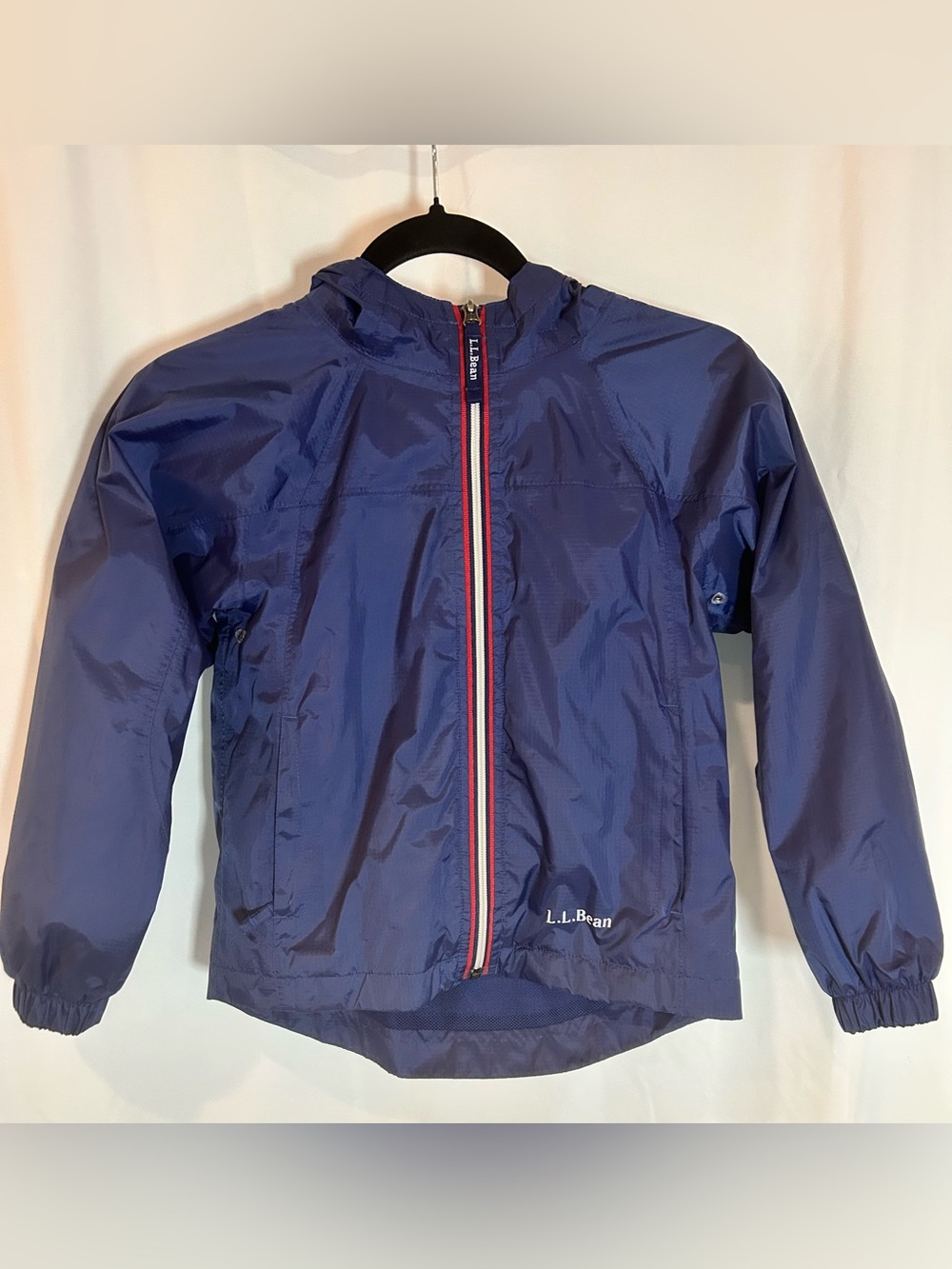 L.L.Bean Kids Rain Jacket 6X-7 Navy Blue Hooded Windbreaker Nylon